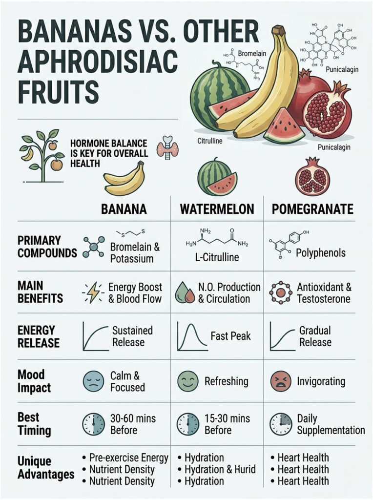 Infographic comparing bananas, watermelon, and pomegranate as aphrodisiac fruits with benefits and compounds.