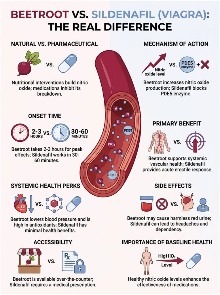 Infographic comparing beetroot and sildenafil, detailing benefits, onset time, side effects, and accessibility.