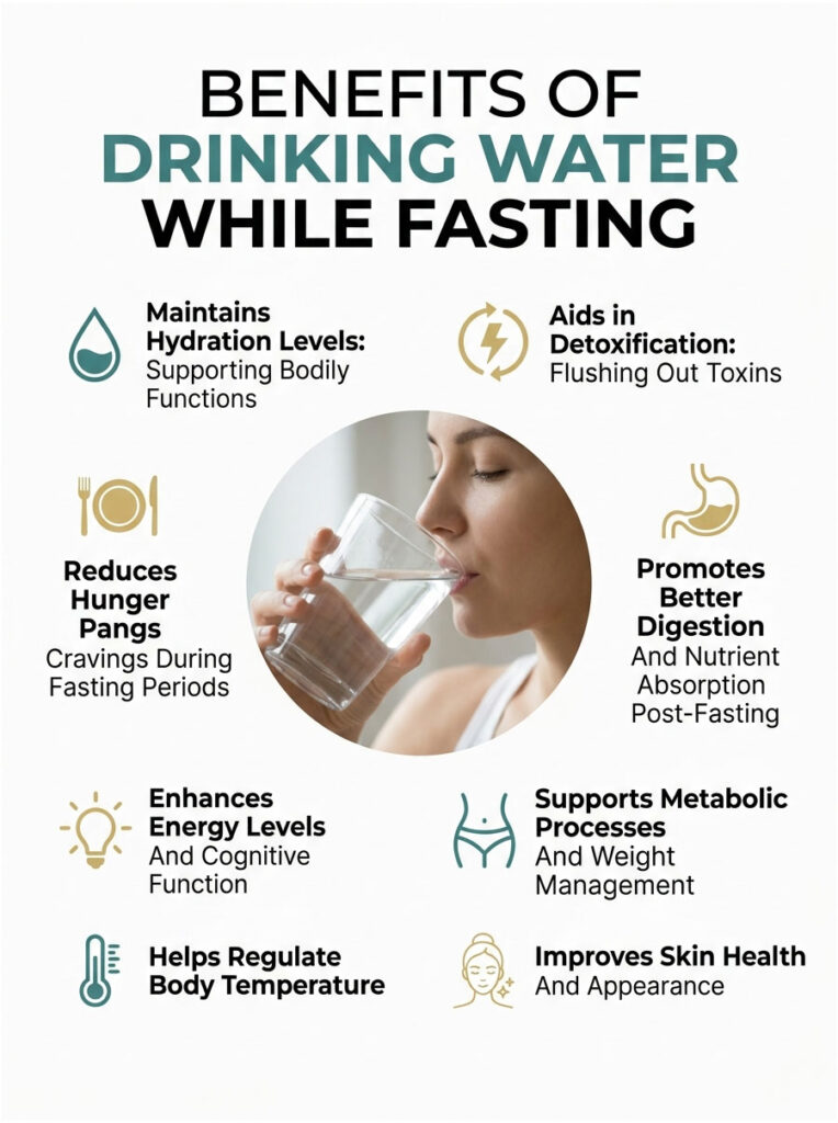 Infographic showing benefits of drinking water while fasting, including hydration, digestion, and energy levels.