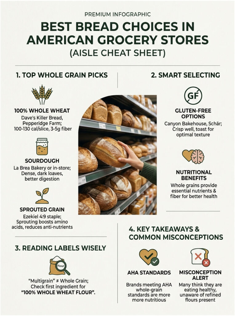 Infographic showing best bread choices in grocery stores, highlighting whole grains, gluten-free options, and nutritional benefits.