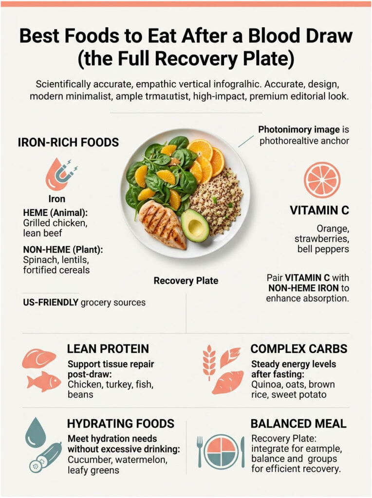 Infographic showing foods to eat after a blood draw, including iron-rich foods, vitamin C, and hydration tips.
