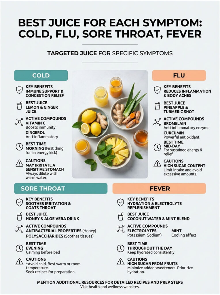 Infographic showing best juices for cold, flu, sore throat, and fever with benefits and ingredients listed.