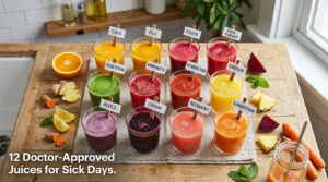 A wooden table displays colorful juices in glasses labeled for various health benefits, with fresh fruits nearby.