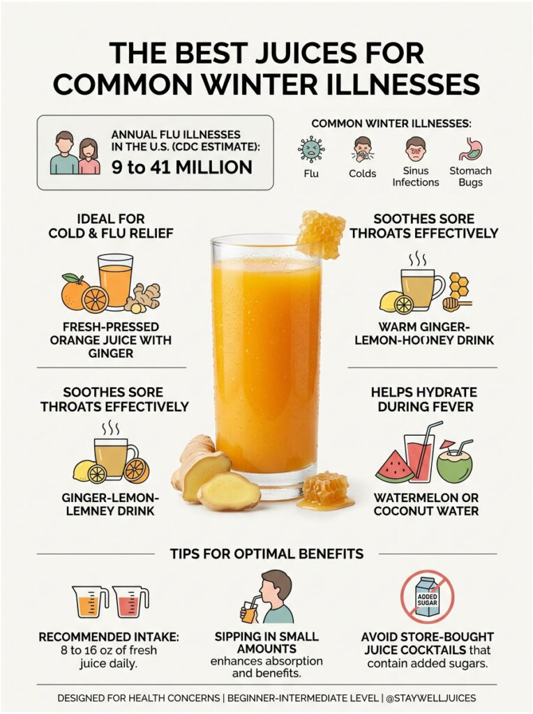 Infographic showing best juices for winter illnesses, featuring orange juice, ginger-lemon drink, and hydration tips.