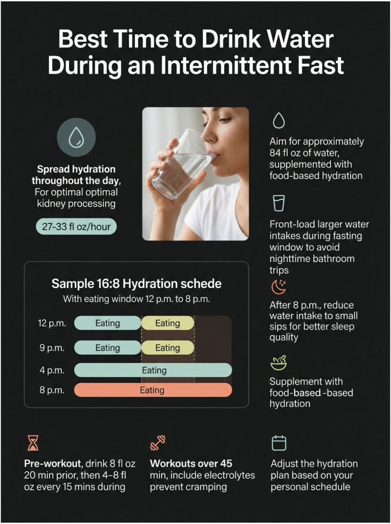 Infographic showing hydration tips during intermittent fasting with charts and key data points.