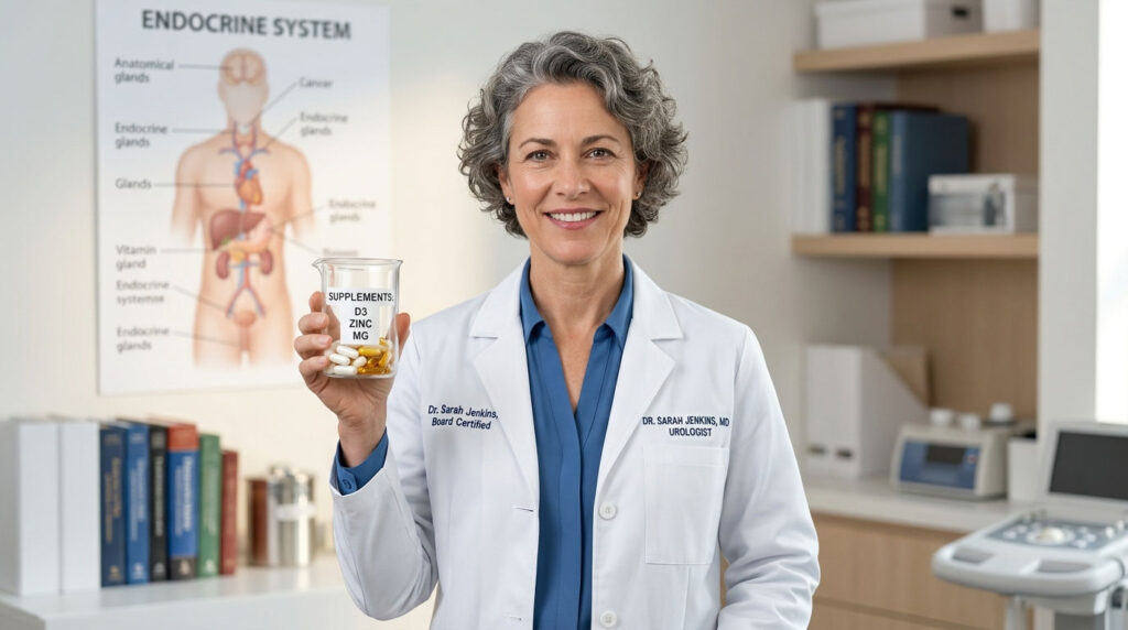 A female doctor holds a glass container of supplements in a medical office with an endocrine system chart in the background.