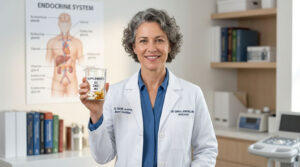 A female doctor holds a glass container of supplements in a medical office with an endocrine system chart in the background.