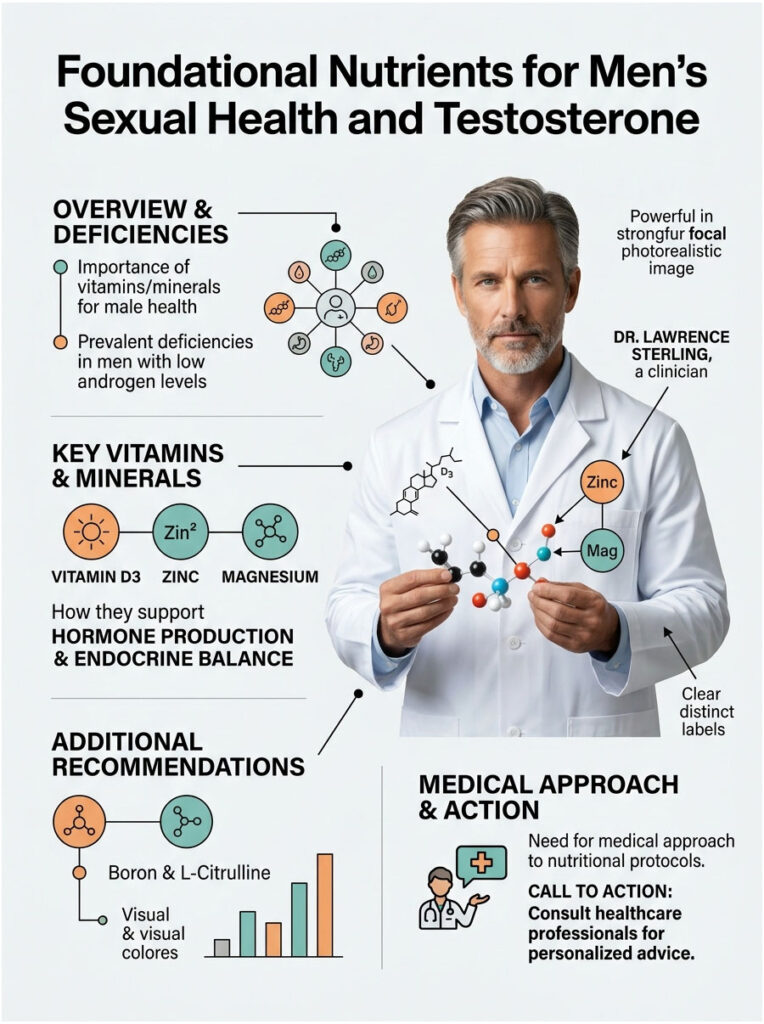 Infographic on foundational nutrients for men's sexual health, featuring vitamins, minerals, and recommendations.