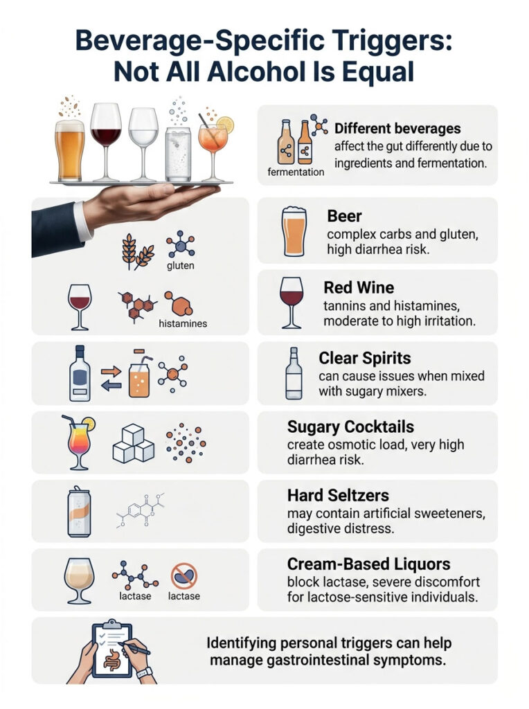 Infographic showing beverage-specific triggers for gastrointestinal symptoms with icons and text descriptions for each drink type.