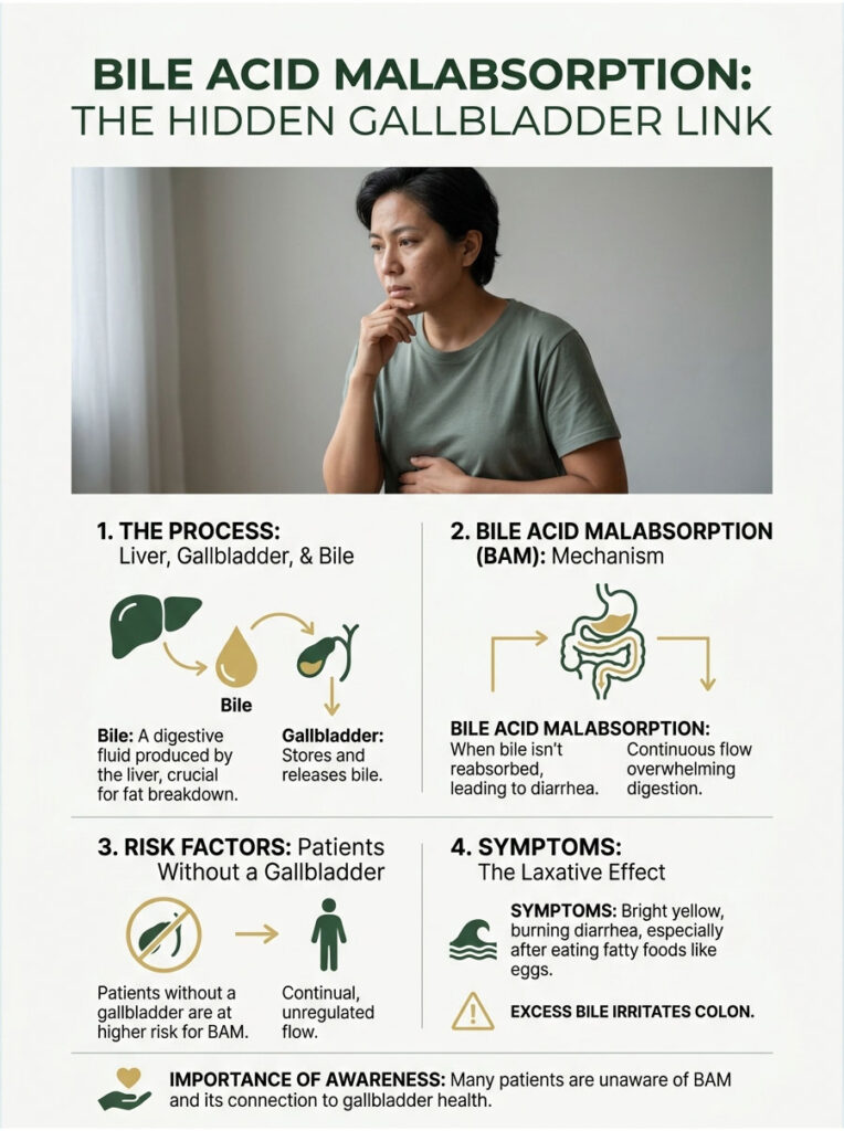Infographic explaining bile acid malabsorption, its process, risk factors, and symptoms with illustrations and text.
