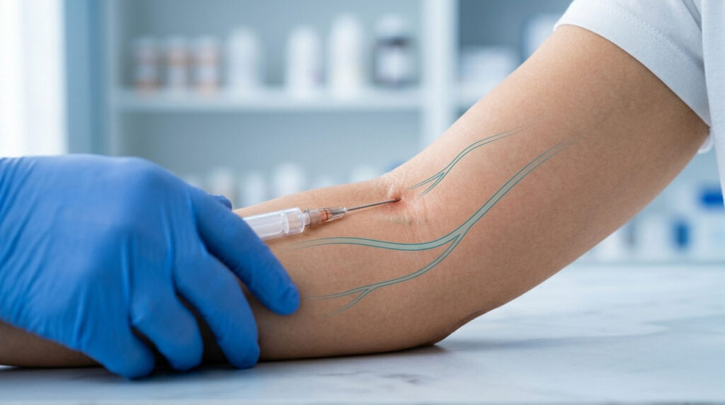 A healthcare professional injects a syringe into a patient's arm, showcasing blue veins and a clinical setting.