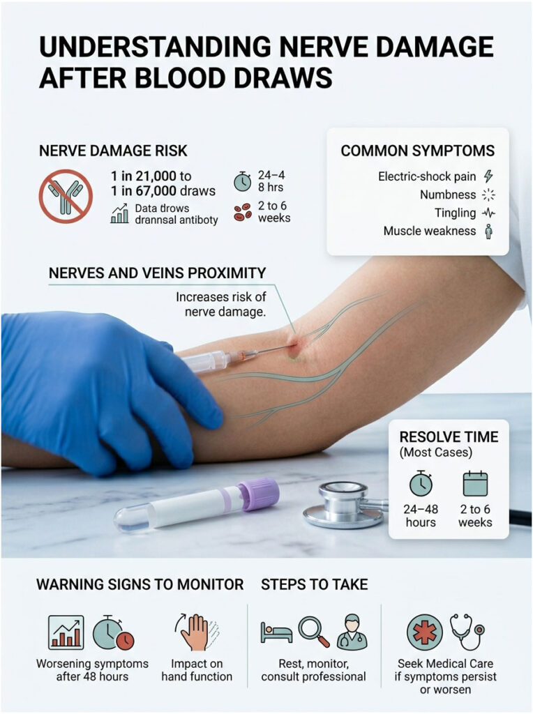 Infographic explaining nerve damage risk after blood draws, showing symptoms, resolve time, and monitoring steps.