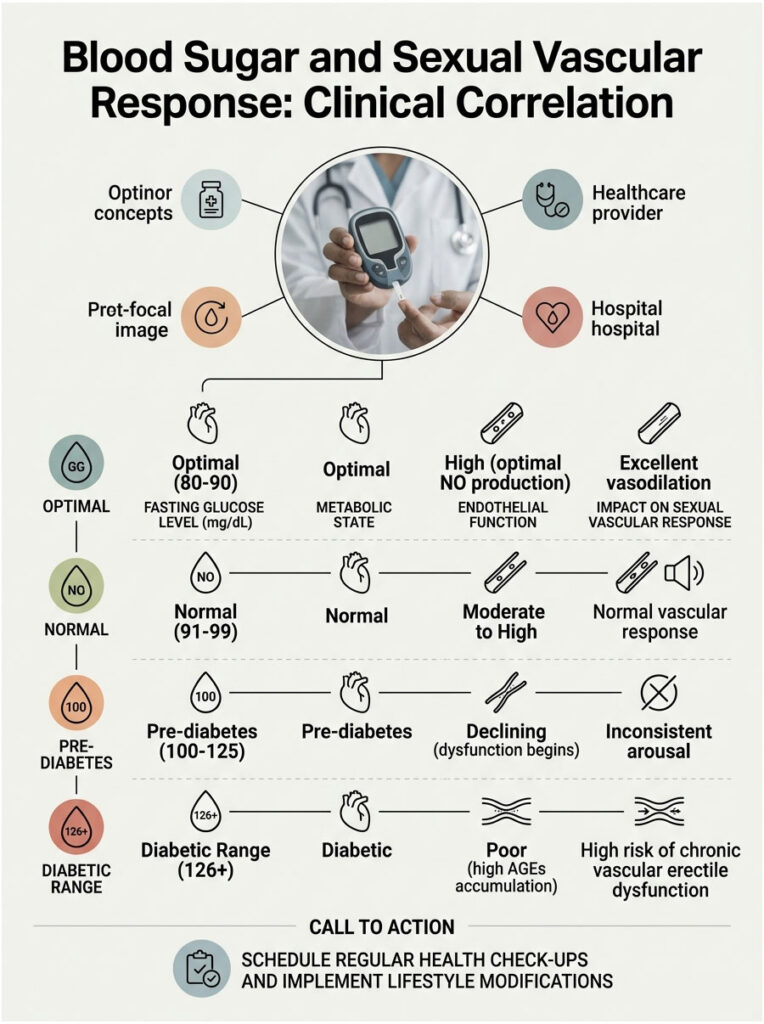 Infographic showing blood sugar levels and sexual vascular response correlations with health indicators and actions.