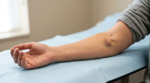 A close-up of a hand resting on a blue surface with a bruise on the forearm.