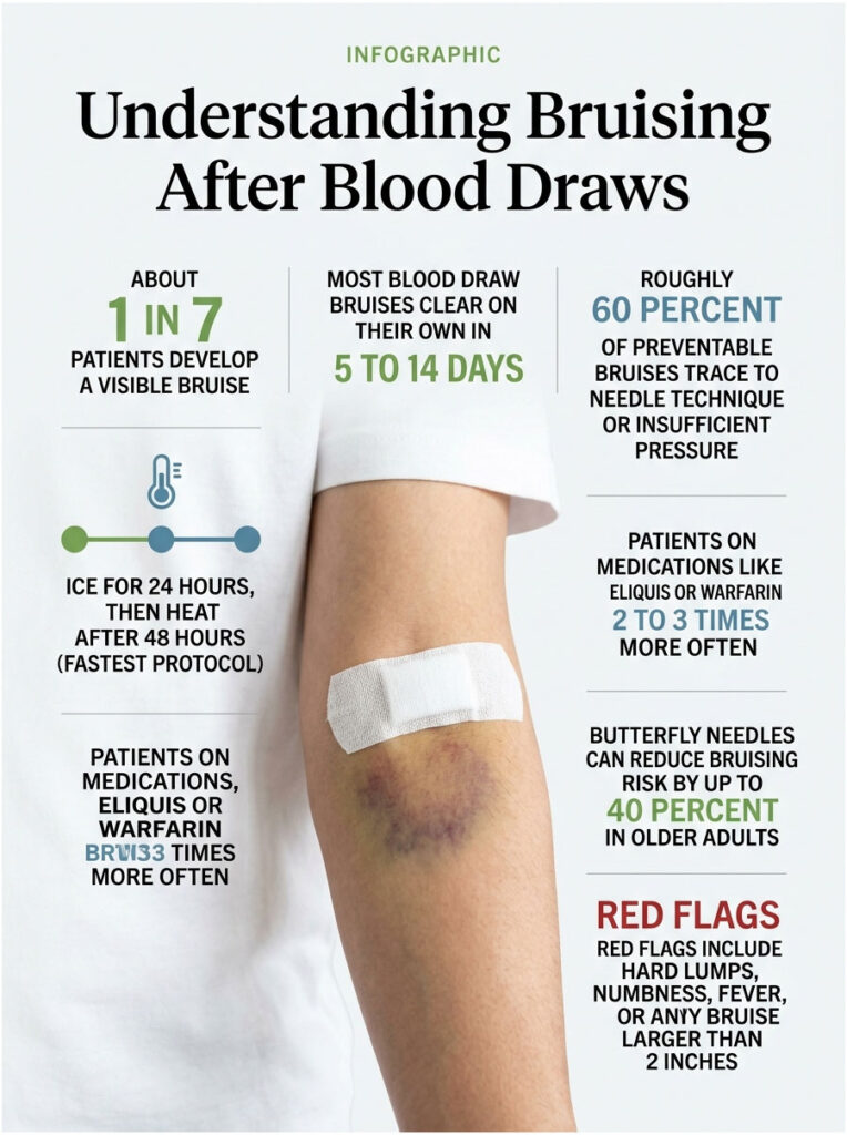 Infographic explaining bruising after blood draws, featuring statistics and care tips on a patient's arm with a bruise.