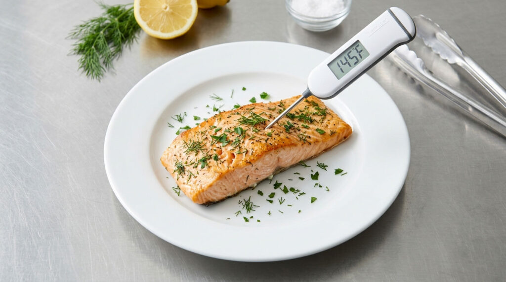 A perfectly cooked salmon fillet garnished with herbs and a thermometer showing 145°F on a white plate.