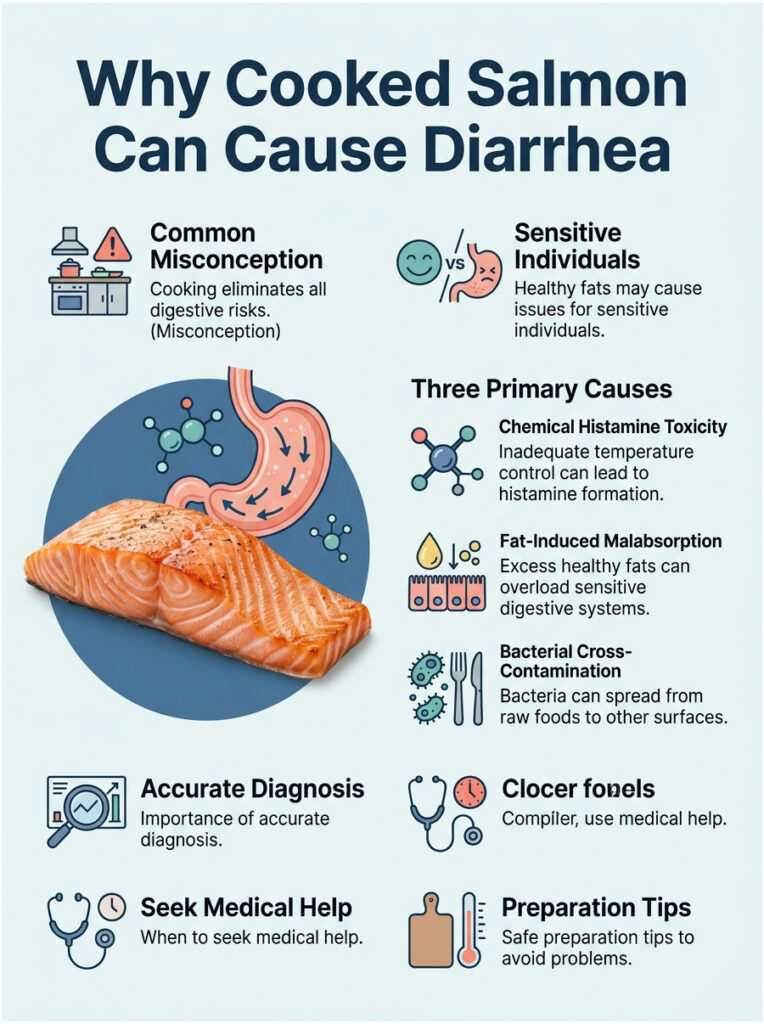 Infographic explaining why cooked salmon can cause diarrhea, featuring causes and tips for safe preparation.