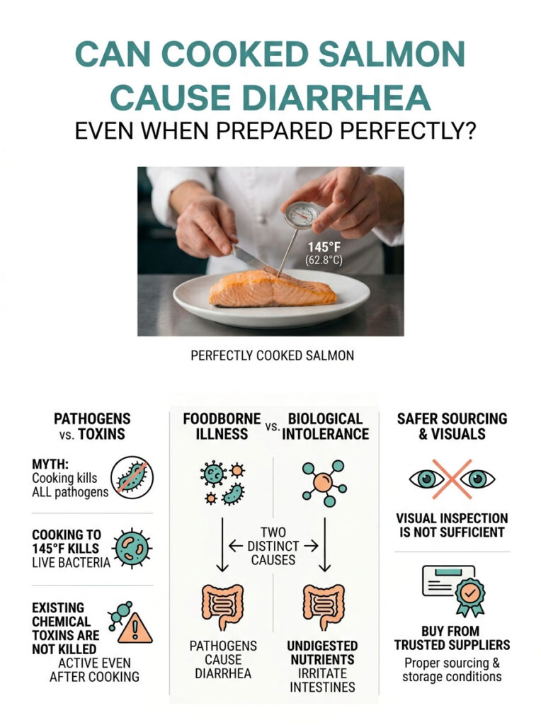 Infographic explaining salmon safety, showing cooked salmon, temperature, and causes of diarrhea from pathogens and intolerance.