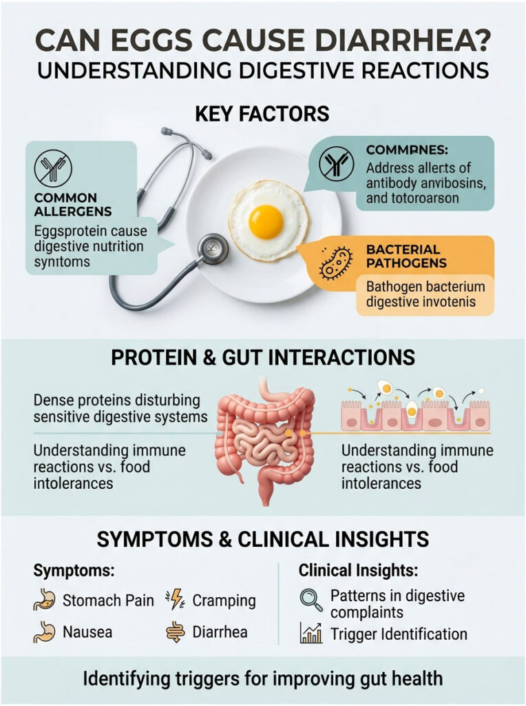 Infographic explaining how eggs cause digestive reactions with symptoms and clinical insights on gut health.
