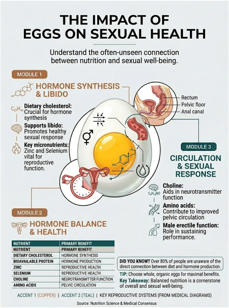 Infographic showing the impact of eggs on sexual health, detailing hormone synthesis, libido, and circulation.