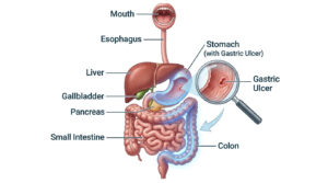 Diagram of the human digestive system with labeled organs and a magnified view of a gastric ulcer.