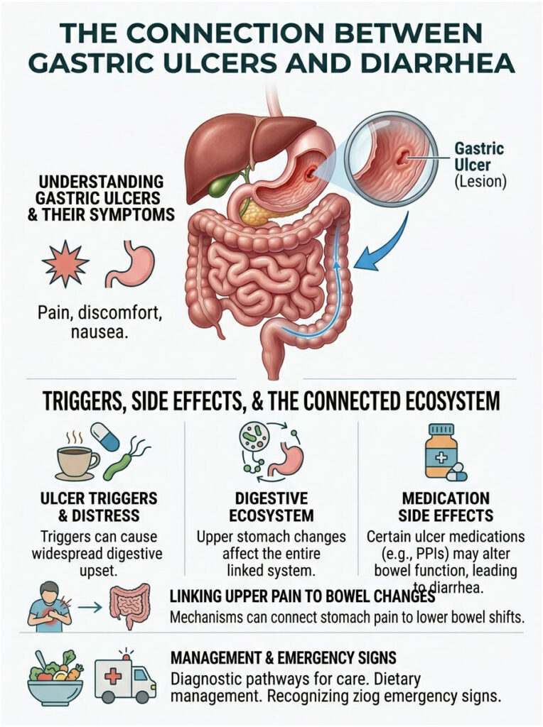 Infographic showing the connection between gastric ulcers and diarrhea with illustrations and key points on symptoms and triggers.