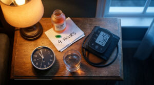A bedside table with a clock, glass of water, blood pressure monitor, and a bottle of daytime relief medication.