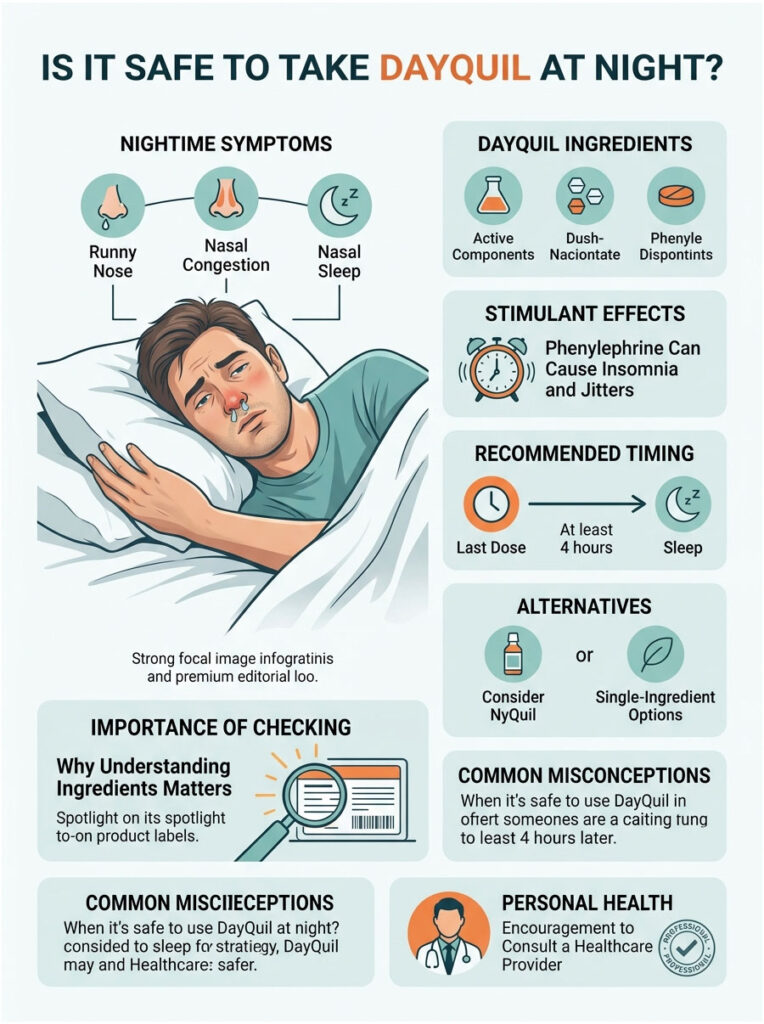 Infographic explaining if DayQuil is safe at night, showing symptoms, ingredients, and recommendations.