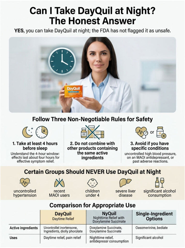 A healthcare professional explains DayQuil usage at night, listing safety rules and comparison with NyQuil. Infographic.