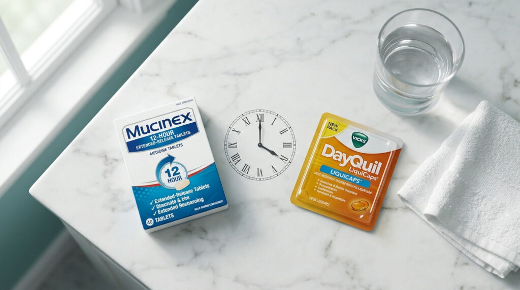 Mucinex and DayQuil medication packages on a marble surface with a glass of water and a clock.