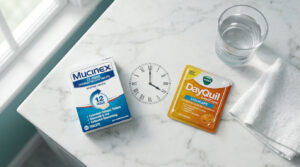 Mucinex and DayQuil medication packages on a marble surface with a glass of water and a clock.