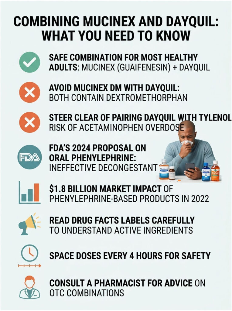 Infographic detailing safe combinations of Mucinex and DayQuil, with warnings and FDA information.