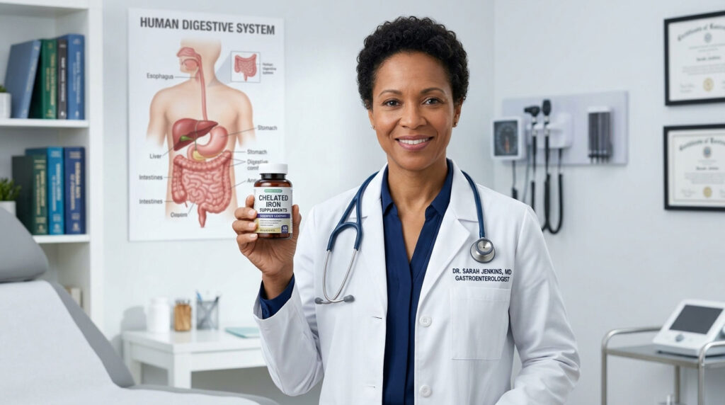 A female doctor in a white coat holds a bottle of chelated iron supplements, smiling in a medical office with a digestive system chart.