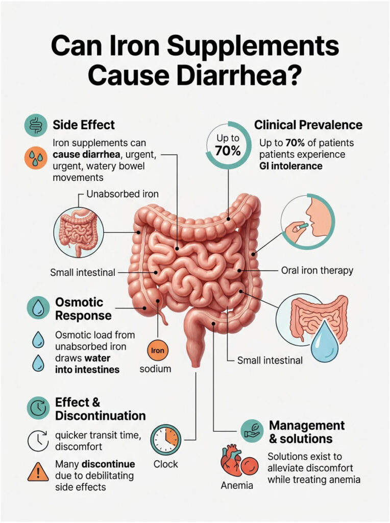 Infographic showing how iron supplements can cause diarrhea, highlighting side effects and management solutions.