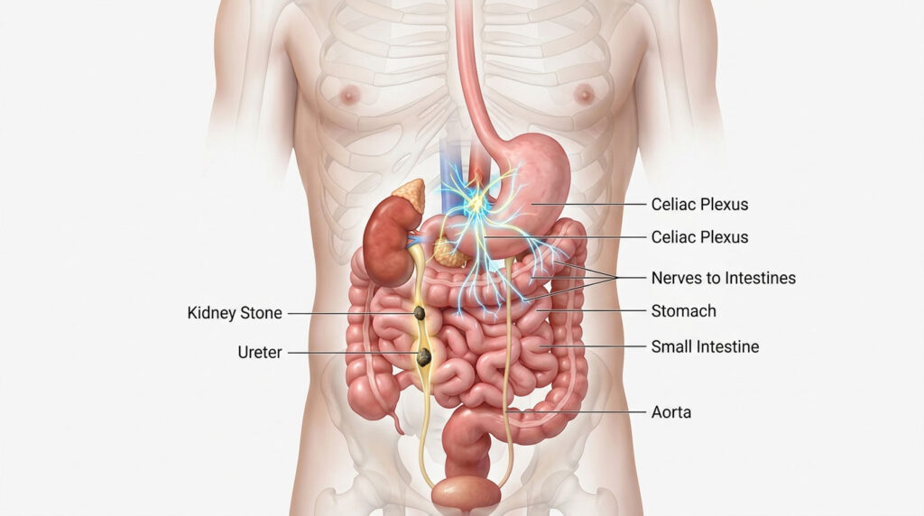 Anatomical illustration of human digestive system with labeled organs and kidney stone detail.