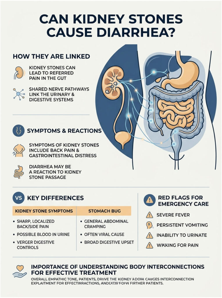 Infographic explaining kidney stones and diarrhea, with symptoms, differences, and emergency care flags.