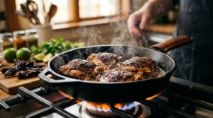 A chef cooks seasoned chicken thighs in a cast iron skillet on a gas stove, with herbs and limes nearby.