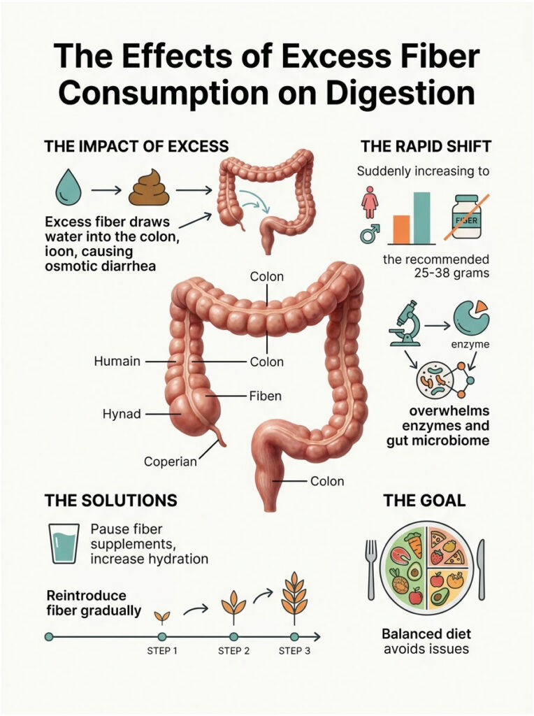 Infographic showing effects of excess fiber on digestion, including colon illustrations and hydration solutions.