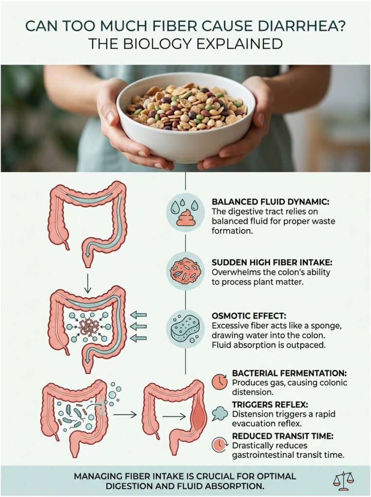 A person holds a bowl of mixed beans while illustrating fiber digestion effects in the colon with labeled diagrams. Infographic.