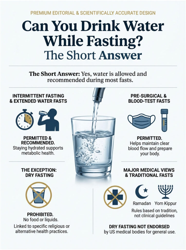 Infographic explaining water consumption during fasting with charts, icons, and key guidelines on fasting types.