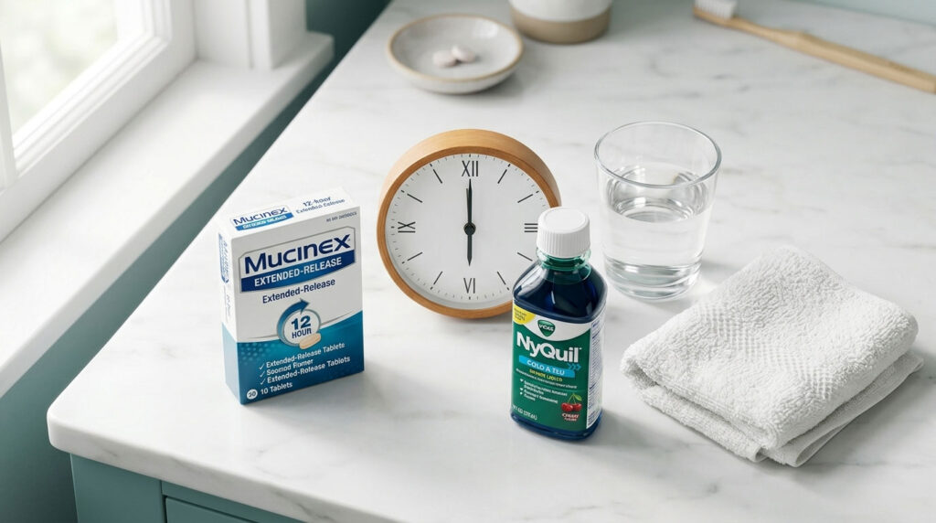 A bottle of NyQuil and a box of Mucinex on a marble countertop with a clock and glass of water.