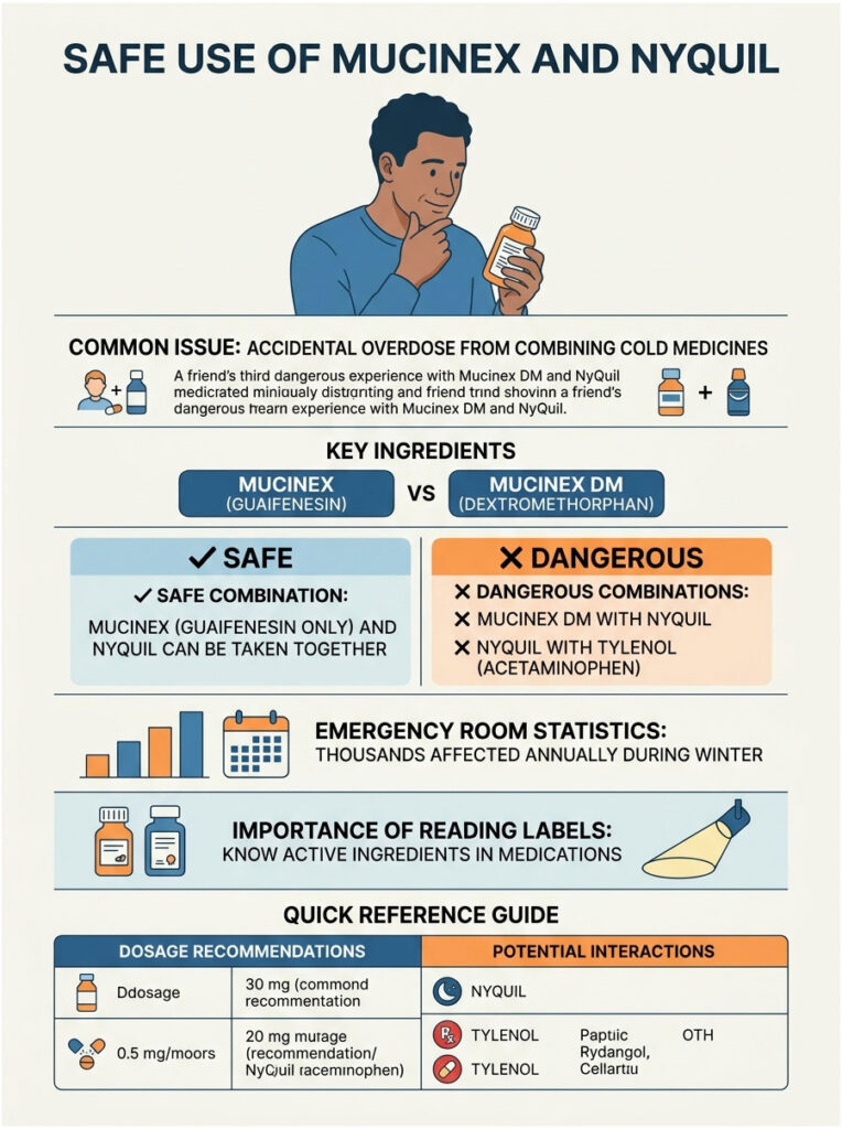 Infographic explaining safe use of Mucinex and NyQuil, highlighting key ingredients and dosage recommendations.