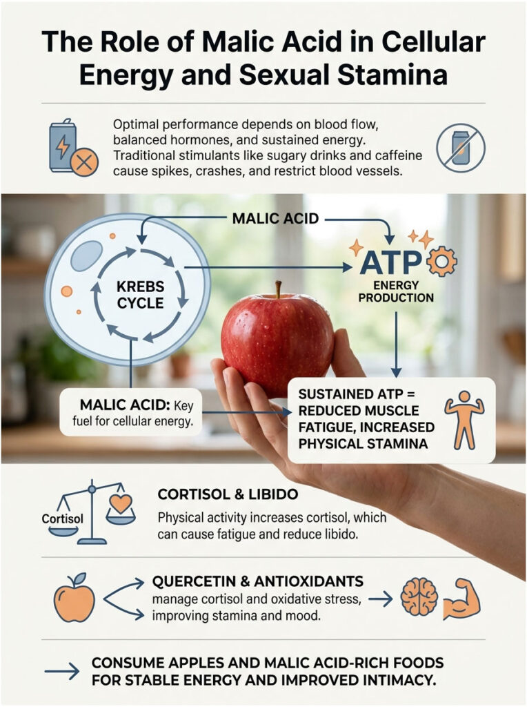 Infographic showing malic acid's role in energy, featuring an apple, charts, and text on energy production and stamina.