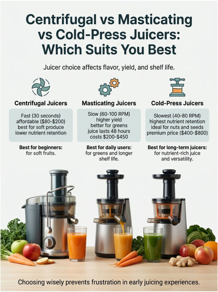 Infographic comparing centrifugal, masticating, and cold-press juicers with features and benefits listed.