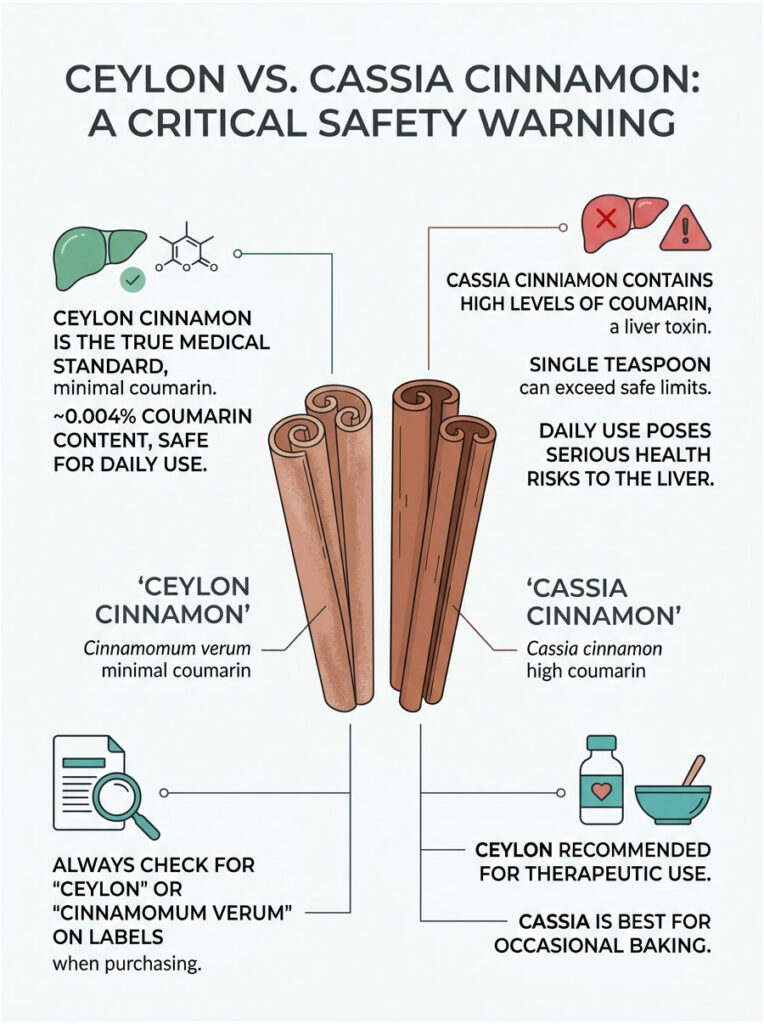 Infographic comparing Ceylon and Cassia cinnamon, highlighting safety warnings and coumarin levels.