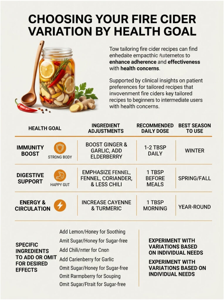 Infographic detailing fire cider variations for health goals, including ingredient adjustments and recommended doses.