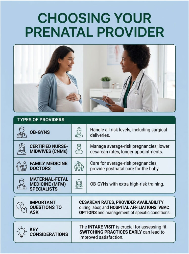 Infographic detailing types of prenatal providers, including OB-GYNs, midwives, and key considerations for choosing one.