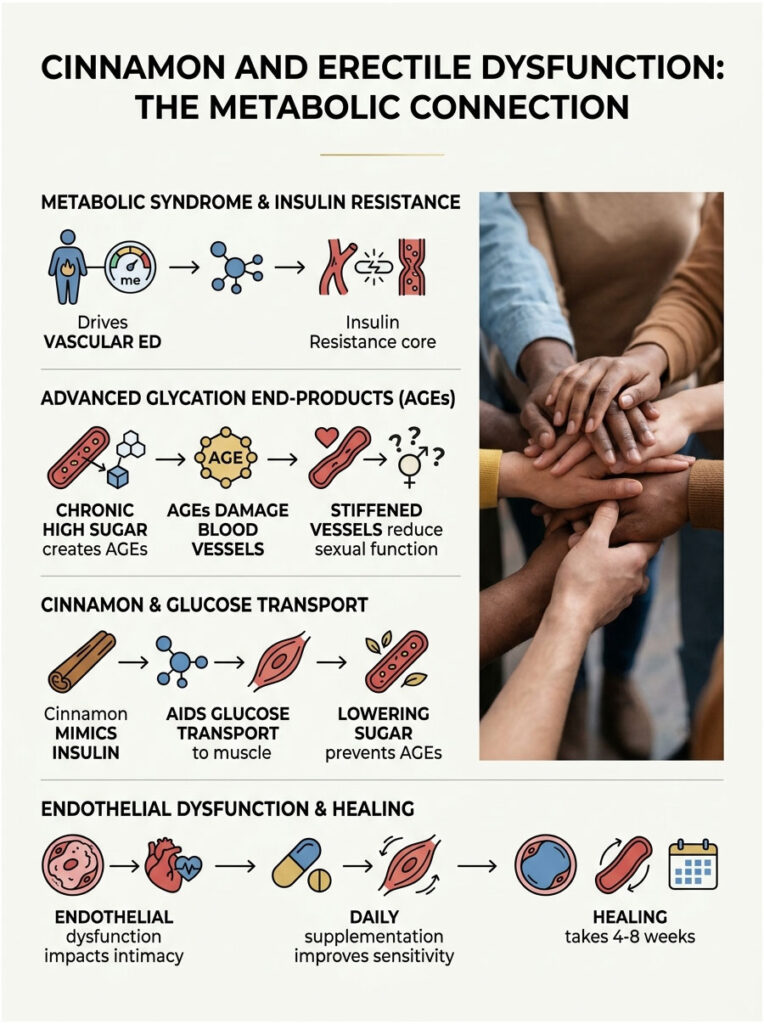 Infographic showing the connection between cinnamon, erectile dysfunction, and metabolic health with illustrations and text.