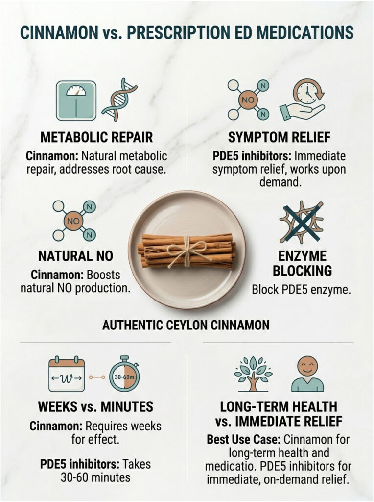 Infographic comparing cinnamon and prescription ED medications with charts and icons on health benefits.