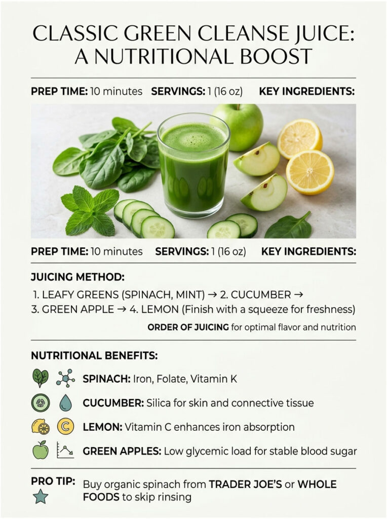 Green cleanse juice recipe with ingredients, juicing method, and nutritional benefits displayed in sections. Infographic.